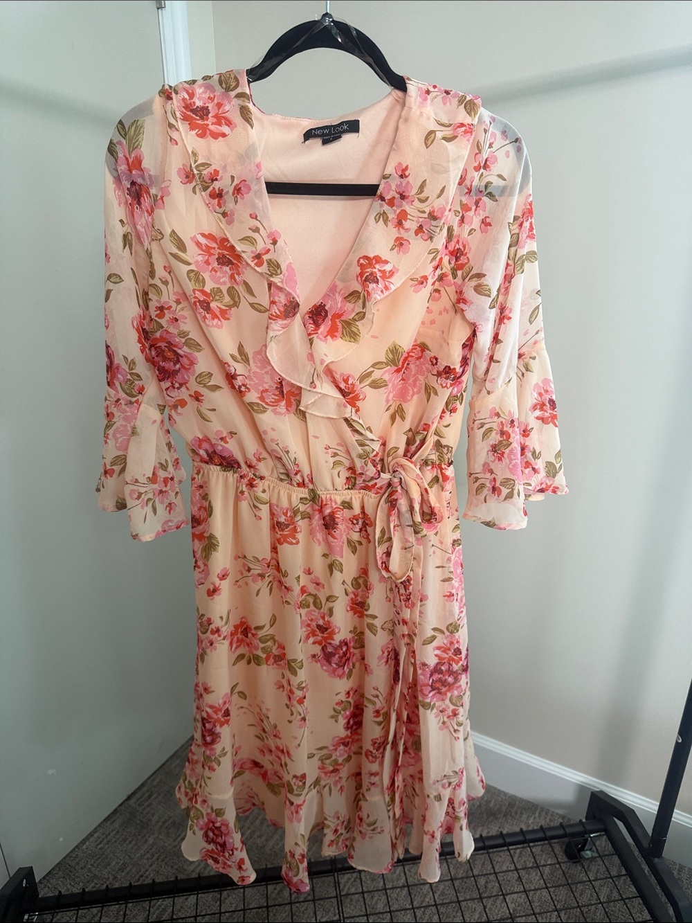New Look Cream and Pink Floral Wrap Dress with Ruffle V-Neck